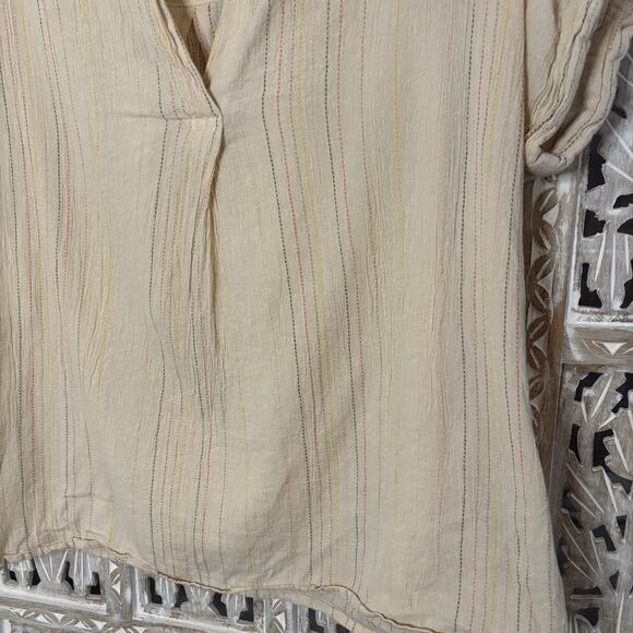 Studio West Shirt Women’s Beige Multi Color Striped Short Sleeve Textured Boho M - Picture 2 of 7